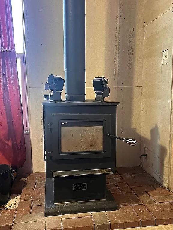 interior details with a wood stove