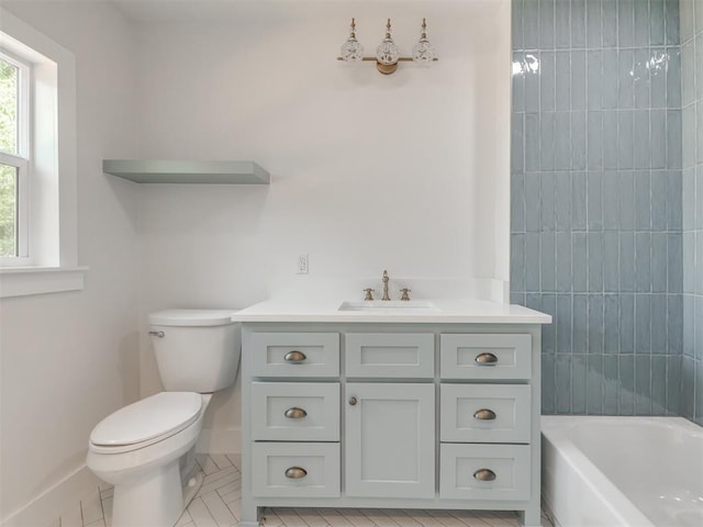 full bathroom with vanity,  shower combination, tile patterned floors, and toilet