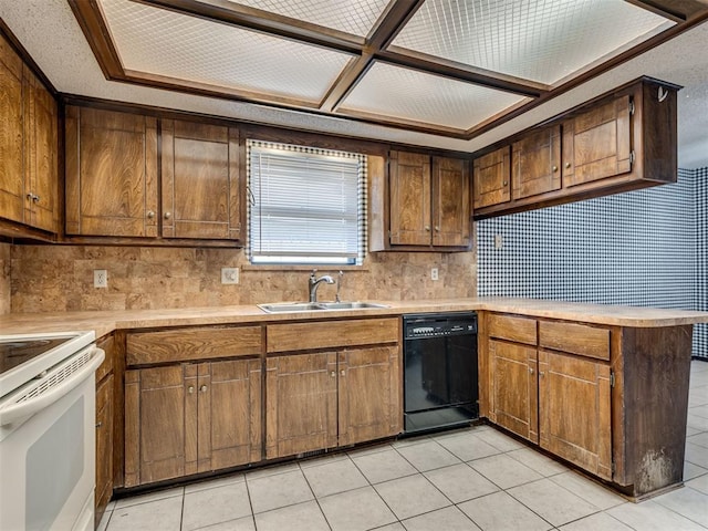 kitchen featuring light tile patterned flooring, sink, electric range, black dishwasher, and kitchen peninsula