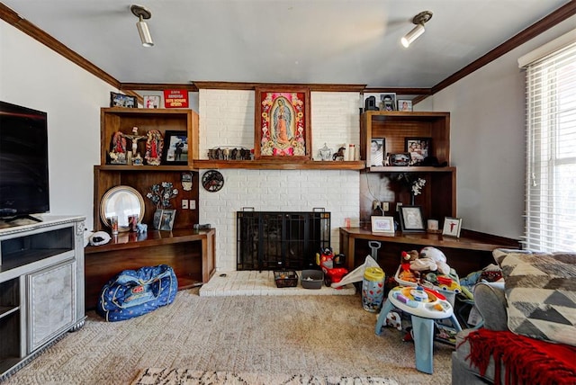 living room featuring crown molding, a fireplace, and carpet floors