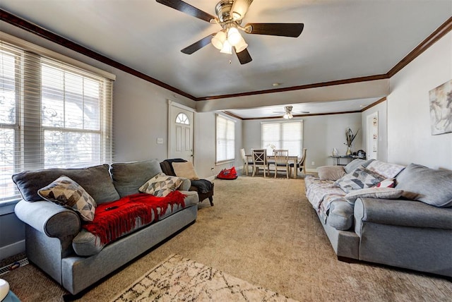 living room with ornamental molding, carpet floors, and a wealth of natural light