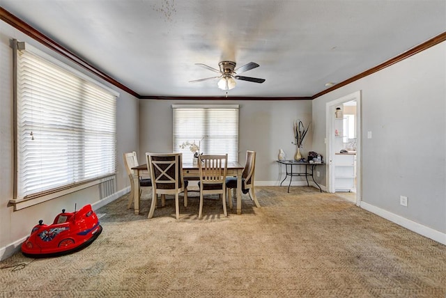 dining area featuring ceiling fan, ornamental molding, and carpet