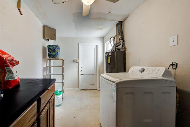 clothes washing area with washer / clothes dryer, ceiling fan, and water heater