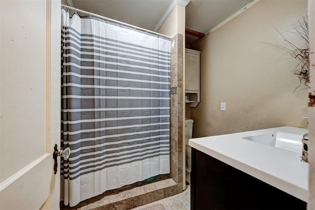 bathroom with vanity and a shower with shower curtain