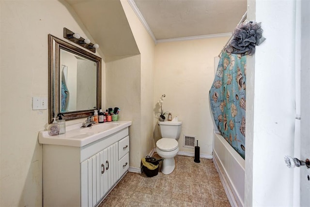 full bathroom with vanity, ornamental molding, shower / tub combo, and toilet