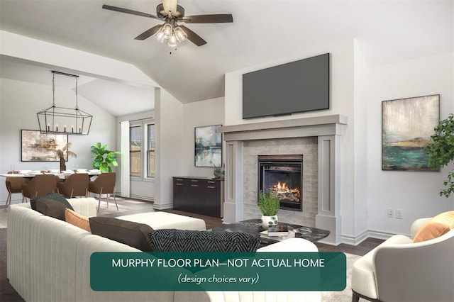 living room with ceiling fan, a tile fireplace, hardwood / wood-style flooring, and lofted ceiling