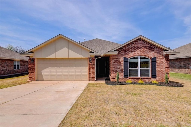 ranch-style home featuring a garage and a front lawn