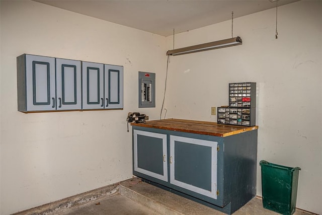 interior space with electric panel and butcher block countertops