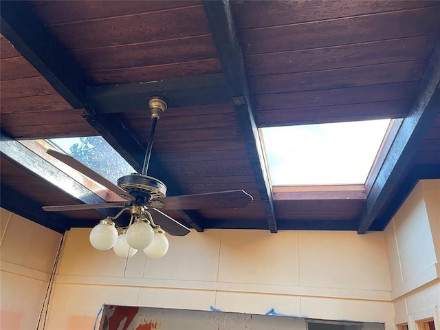 interior details with ceiling fan, wooden ceiling, beamed ceiling, and a skylight