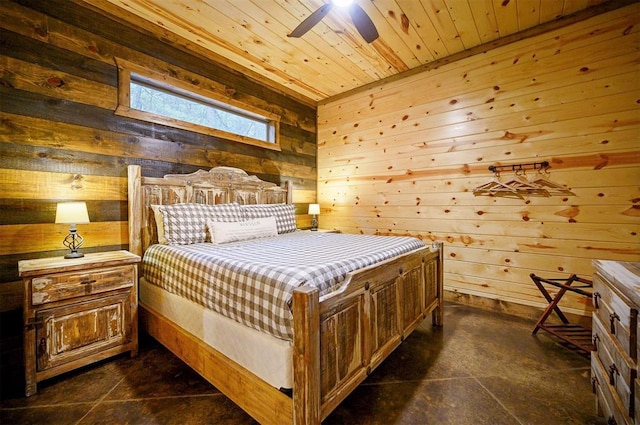 bedroom with wooden ceiling, ceiling fan, and wood walls