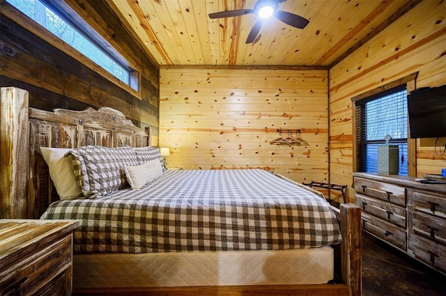 bedroom with multiple windows, wood ceiling, and wood walls