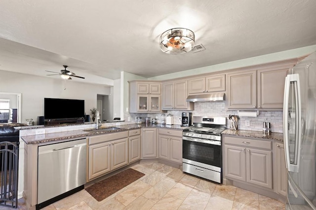 kitchen with sink, ceiling fan, stone counters, appliances with stainless steel finishes, and backsplash