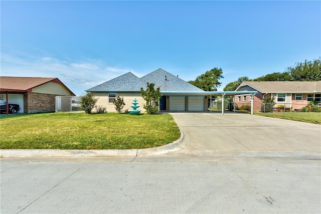 ranch-style house with a front yard and a garage