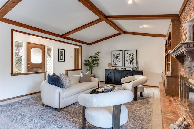 living room with a brick fireplace and lofted ceiling with beams