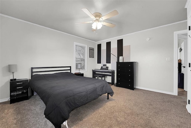 bedroom with carpet floors, ornamental molding, and ceiling fan