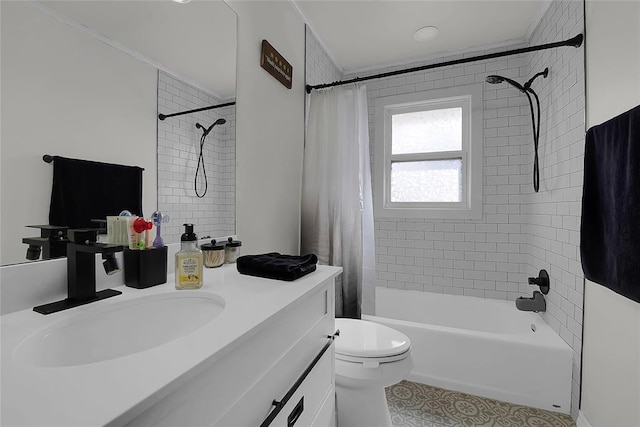 full bathroom featuring vanity, toilet, and shower / bathtub combination with curtain