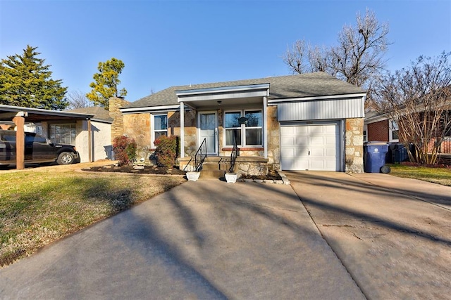 view of front of house featuring a garage, a front yard, and a porch