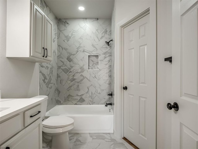 bathroom featuring marble finish floor, recessed lighting, toilet, washtub / shower combination, and vanity