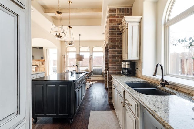 kitchen featuring dark hardwood / wood-style floors, an island with sink, sink, hanging light fixtures, and light stone counters