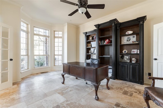 office with crown molding and ceiling fan