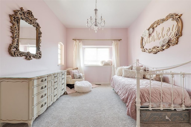 carpeted bedroom with a notable chandelier