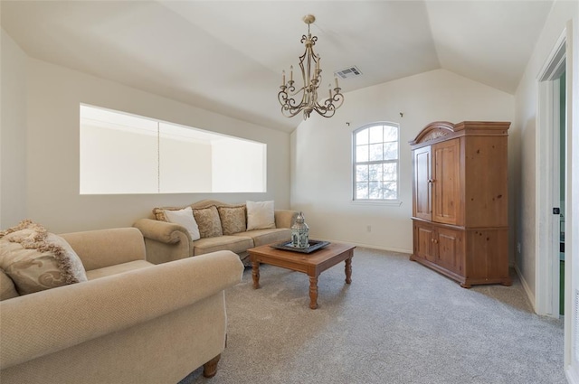 living room with light colored carpet and lofted ceiling