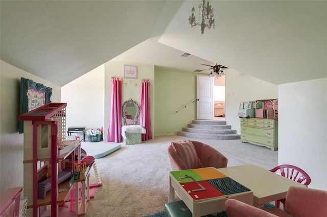 game room featuring lofted ceiling, light carpet, and ceiling fan