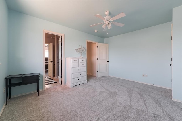 bedroom with light carpet and ceiling fan