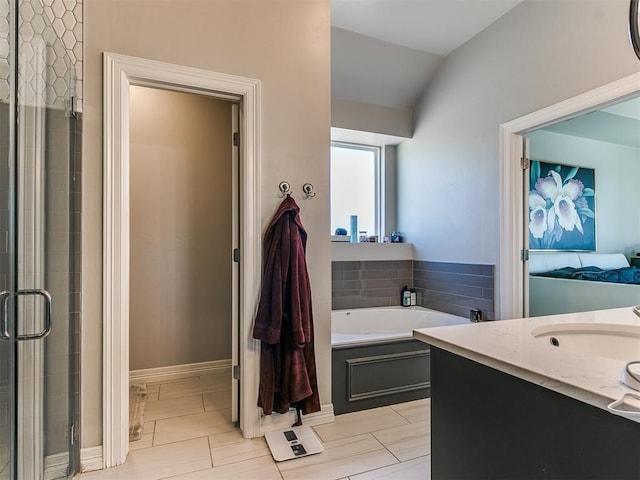 bathroom featuring vanity, tile patterned flooring, lofted ceiling, and plus walk in shower