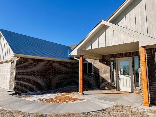 view of patio with a garage