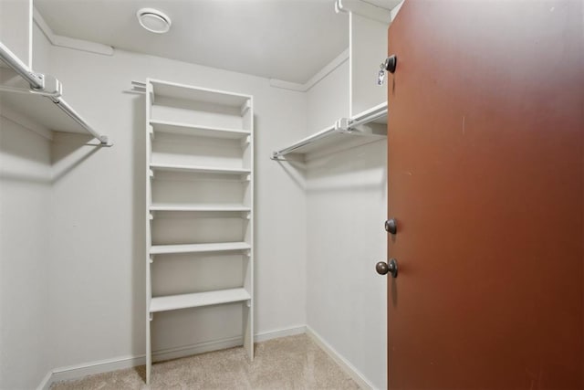 spacious closet featuring light carpet