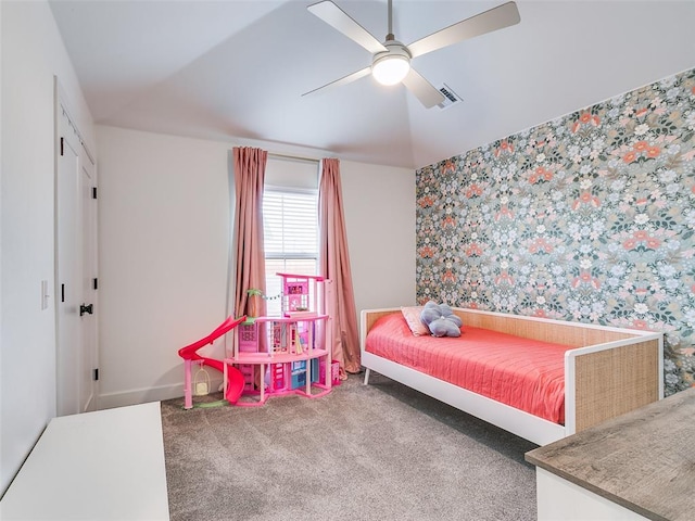 carpeted bedroom featuring ceiling fan