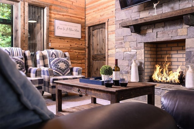 living area with wood walls and a stone fireplace