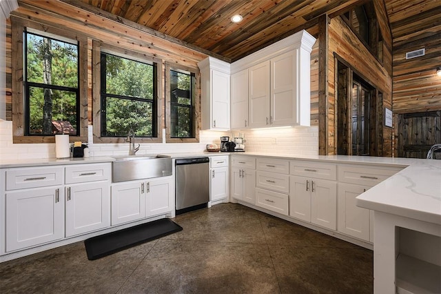 kitchen featuring tasteful backsplash, wooden ceiling, stainless steel dishwasher, white cabinetry, and a sink