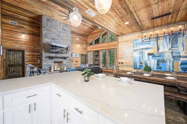 kitchen with wooden walls, white cabinets, wooden ceiling, decorative light fixtures, and a fireplace