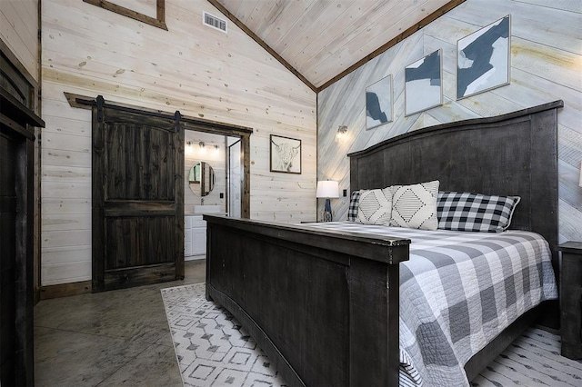 bedroom with visible vents, a barn door, wood ceiling, wood walls, and high vaulted ceiling