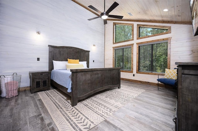 bedroom featuring multiple windows, wood finished floors, and wood ceiling