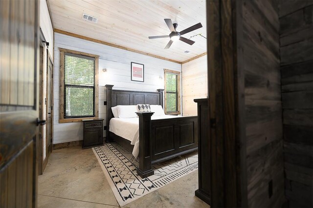 65 Rocky Rose Cir, Broken Bow, OK 74728 - bedroom with wood walls, wooden ceiling, and a ceiling fan