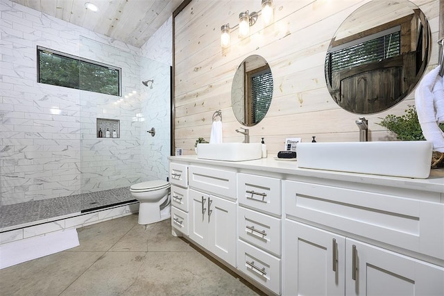 65 Rocky Rose Cir, Broken Bow, OK 74728 - full bathroom with double vanity, walk in shower, toilet, wooden ceiling, and wood walls