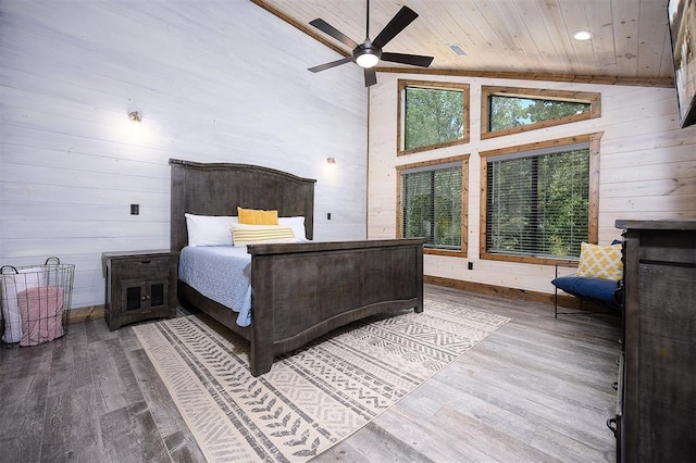 65 Rocky Rose Cir, Broken Bow, OK 74728 - bedroom with wood ceiling, wood walls, wood finished floors, baseboards, and high vaulted ceiling