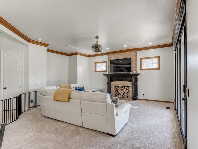 living room with light carpet, crown molding, and a large fireplace