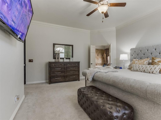 carpeted bedroom featuring ornamental molding and ceiling fan