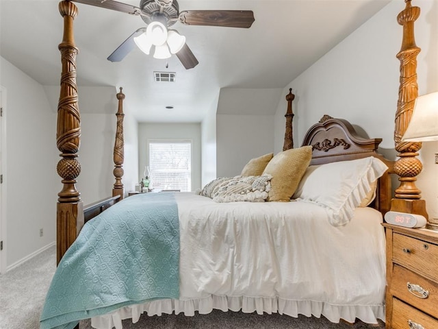 bedroom with ceiling fan and carpet floors