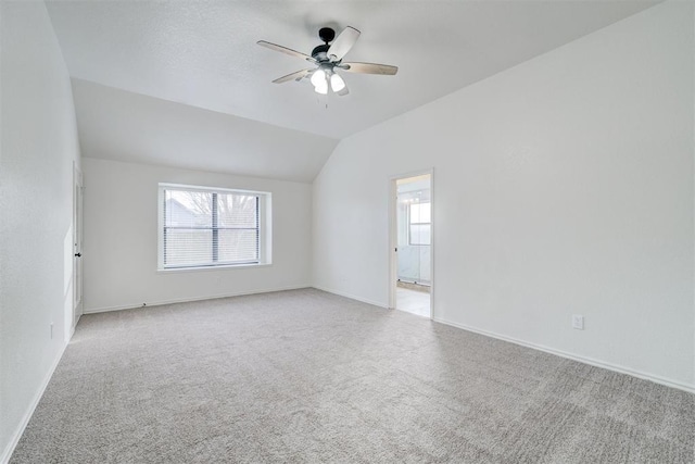 carpeted empty room featuring ceiling fan, a healthy amount of sunlight, and lofted ceiling