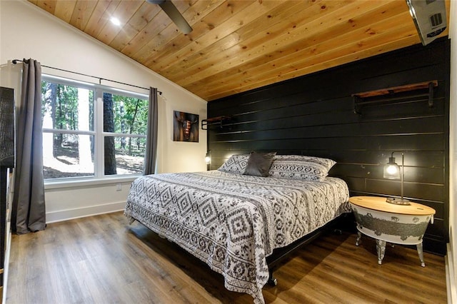 bedroom featuring wood ceiling, ceiling fan, vaulted ceiling, and hardwood / wood-style floors