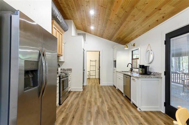 kitchen with sink, wood ceiling, white cabinetry, stainless steel appliances, and light stone countertops