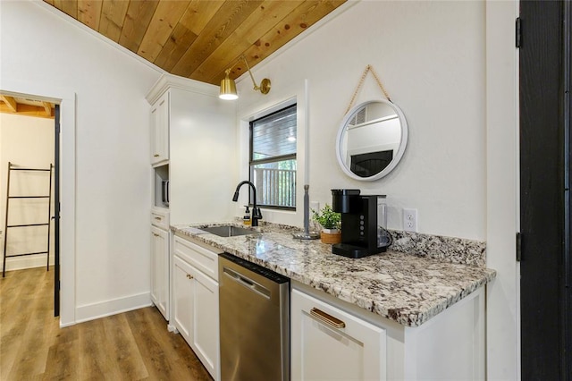 kitchen featuring dishwasher, sink, white cabinets, light stone counters, and wooden ceiling