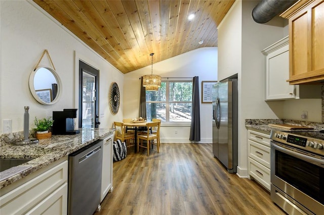 kitchen with appliances with stainless steel finishes, white cabinetry, lofted ceiling, hanging light fixtures, and wooden ceiling