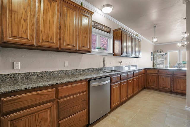 kitchen featuring ornamental molding, dishwasher, sink, and dark stone countertops