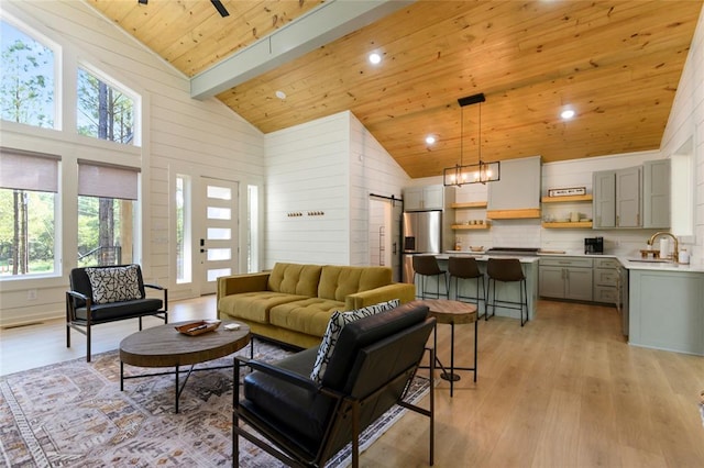 living room with sink, high vaulted ceiling, light hardwood / wood-style floors, wooden ceiling, and beamed ceiling